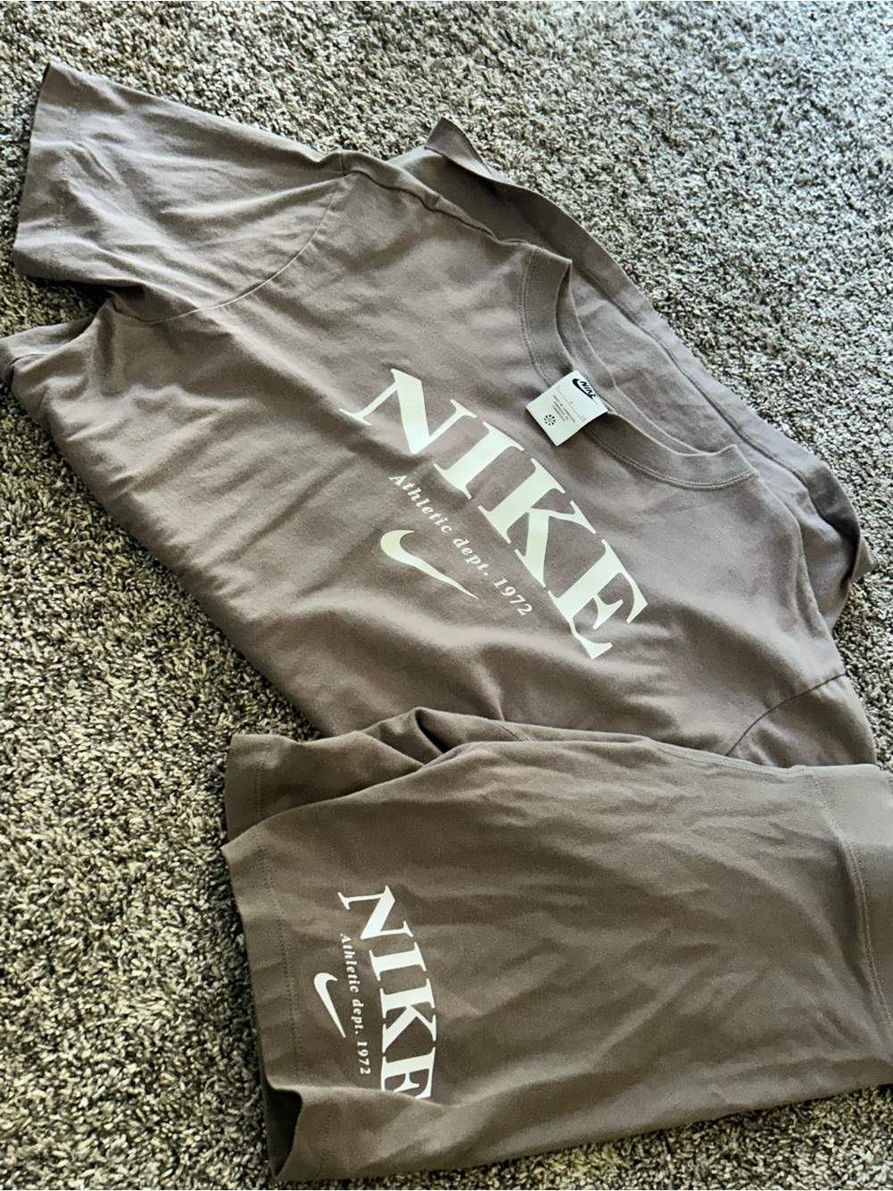 Nike Women's short Sleeve Tee in Taupe with White Logo with shorts